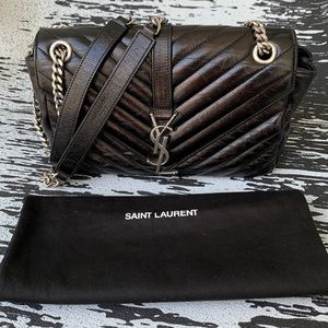 YVES SAINT LAURENT YSL Black Matelasse Chevron College Leather Chain Purse
